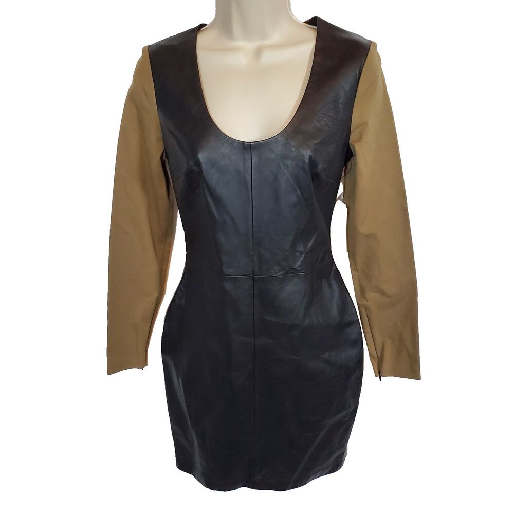 NWT Robert Rodriguez Women’s Dress Size 4 Black Leather Green Stretch Bodycon